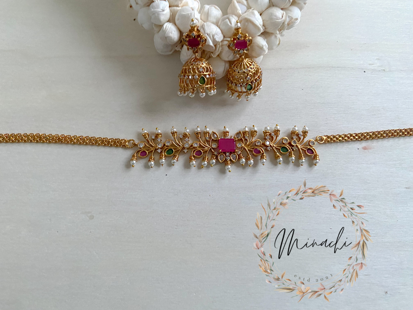 RUBY GREEN CHOKER JHUMKA SET