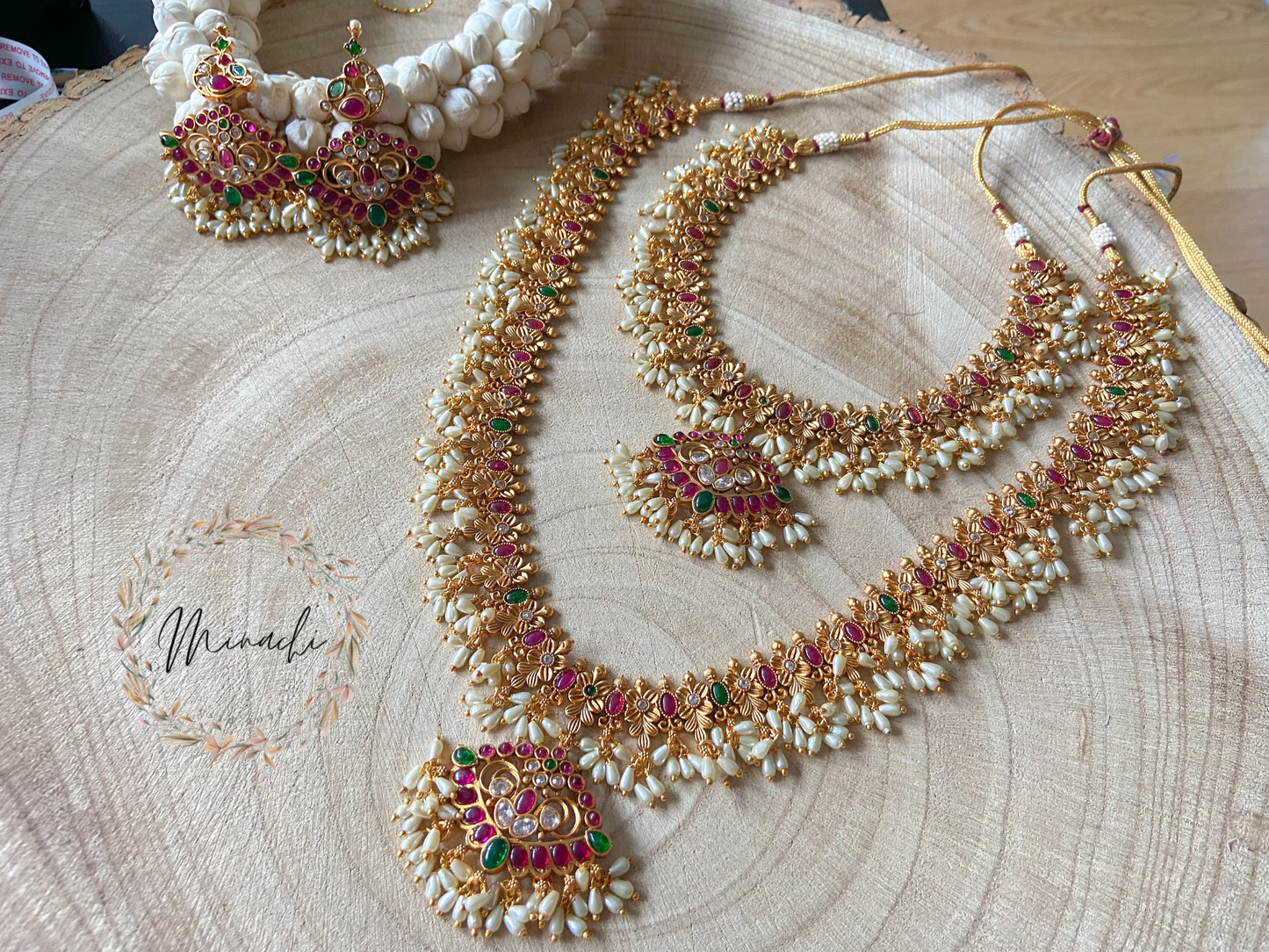 RUBY GREEN PEARL SHORT AND LONG NECKLACE SET