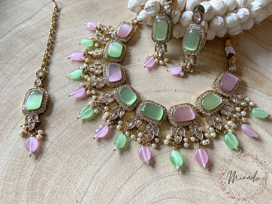 THAMARAI: PINK GREEN KUNDAN NECKLACE SET