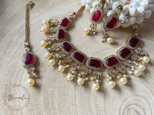 THAMARAI: RUBY PEARL KUNDAN NECKLACE SET