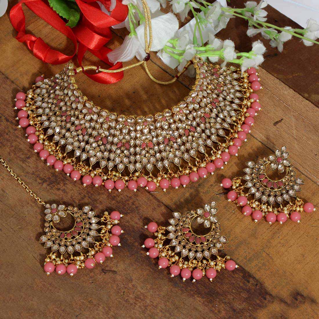 Pink kundan deals necklace set