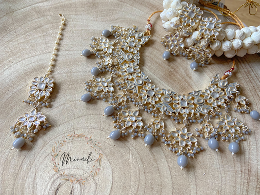 GREY KUNDAN NECKLACE SET(WITHOUT EARRINGS)