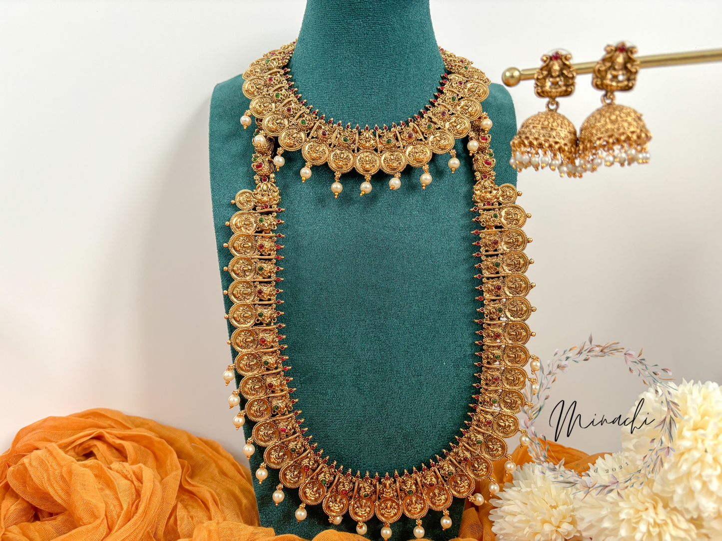 MATTE GOLD RUBY GREEN LAKSHMI SHORT AND LONG NECKLACE SET