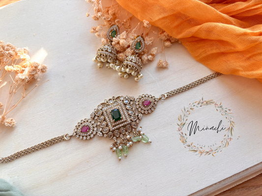 VICTORIAN RUBY GREEN CHOKER JHUMKA SET