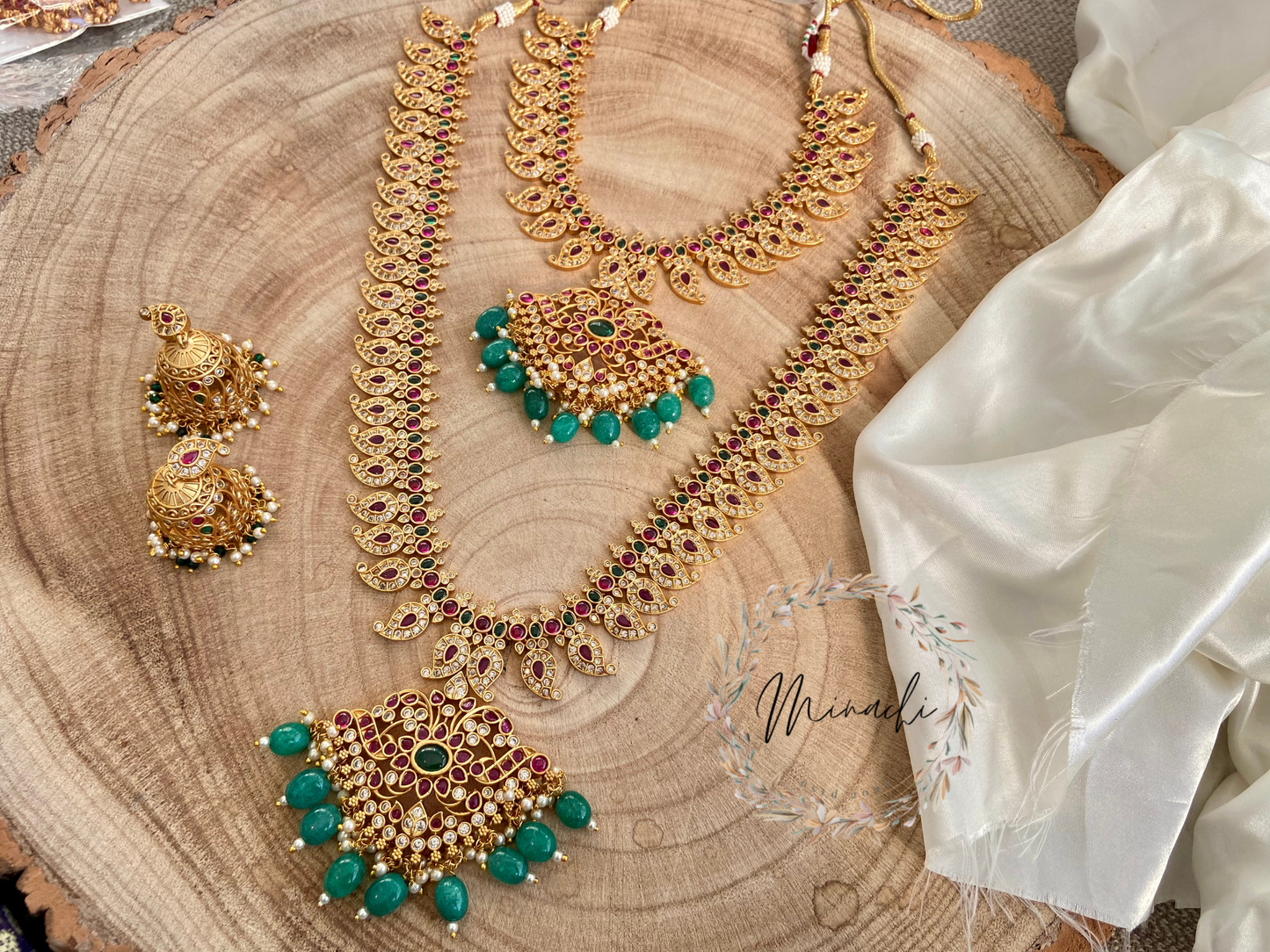 RUBY GREEN WHITE SHORT AND LONG NECKLACE SET