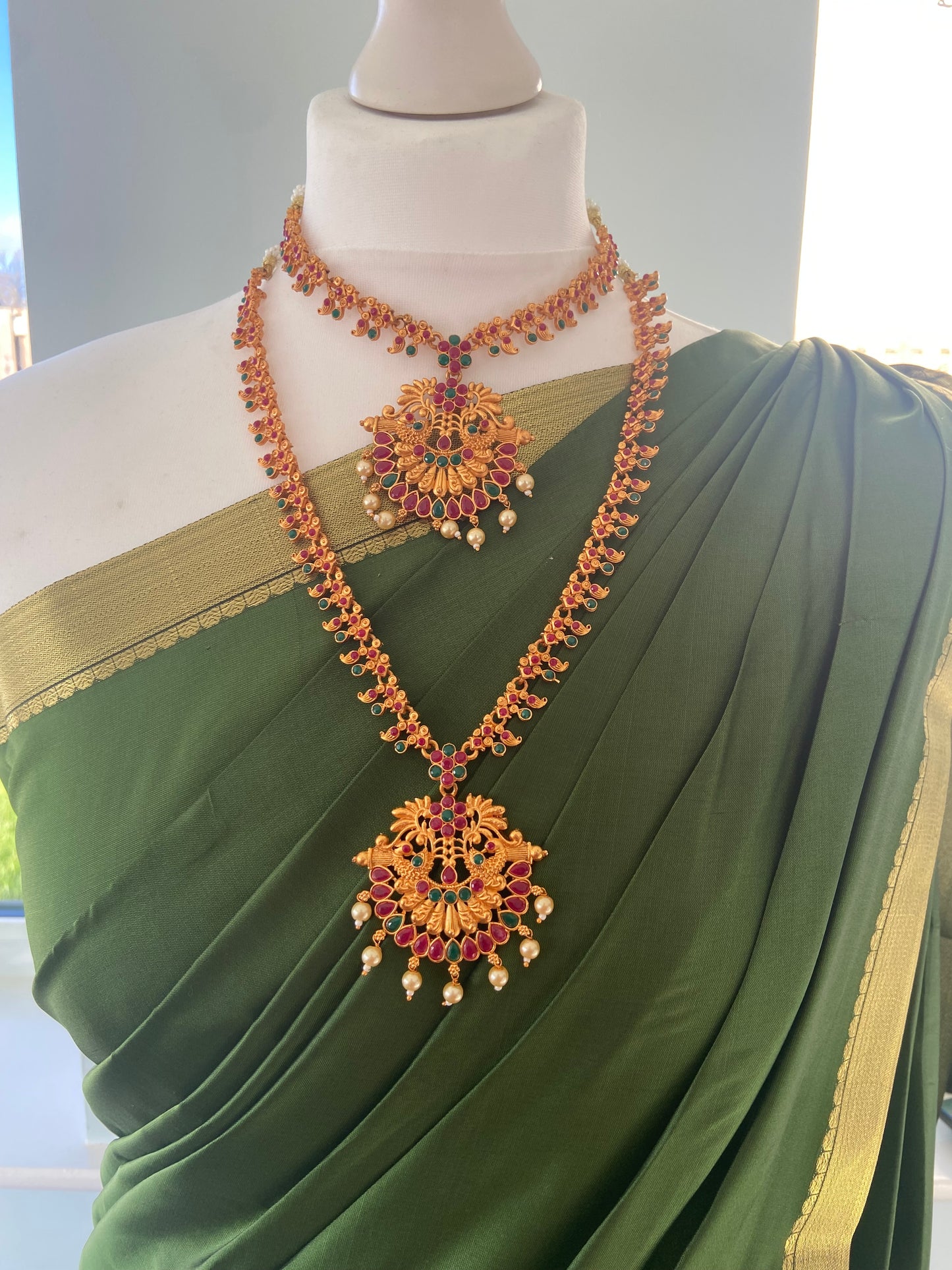 RUBY GREEN SHORT LONG PEACOCK NECKLACE SET