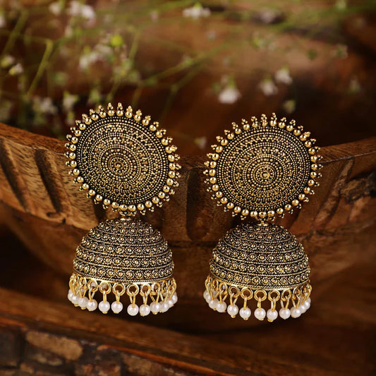 OXIDISED GOLDEN PEARL JHUMKA