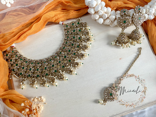 GREEN KUNDAN PEARL NECKLACE SET