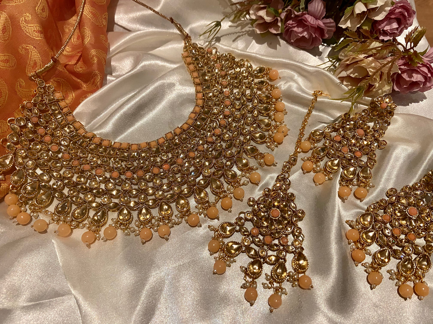 PEACH KUNDAN NECKLACE SET