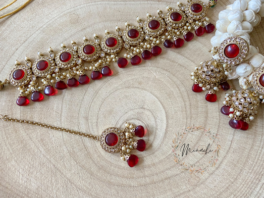 RED RUBY CHOKER KUNDAN NECKLACE SET