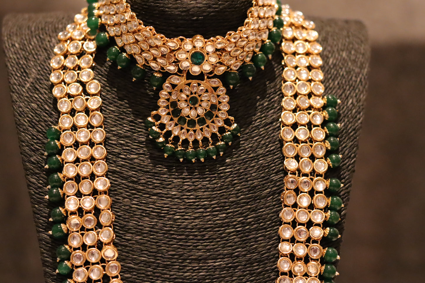 GREEN SHORT LONG NECKLACE KUNDAN SET