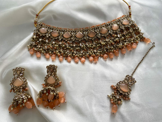 PEACH KUNDAN NECKLACE SET