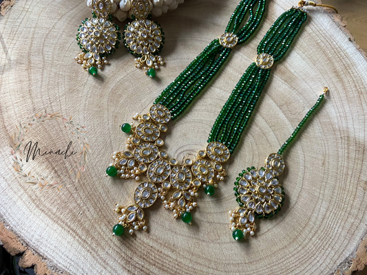 THAMARAI: LONG GREEN BEADS NECKLACE SET