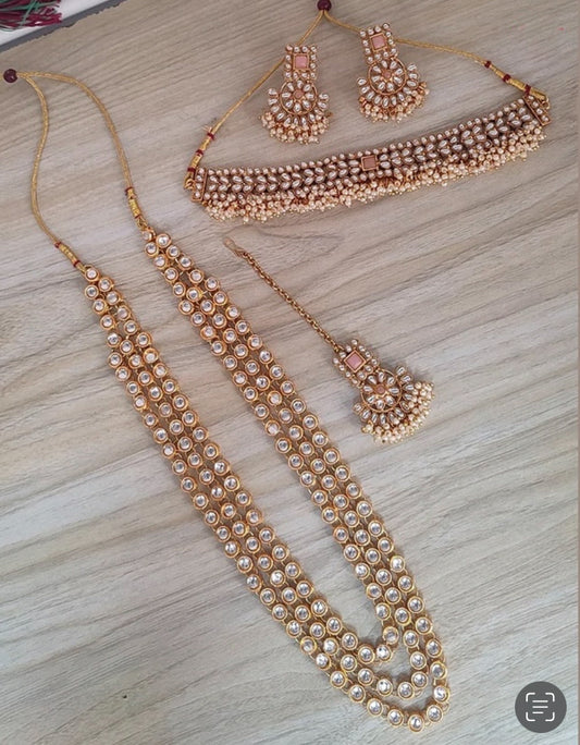 PEACH KUNDAN NECKLACE AMD LONG CHAIN