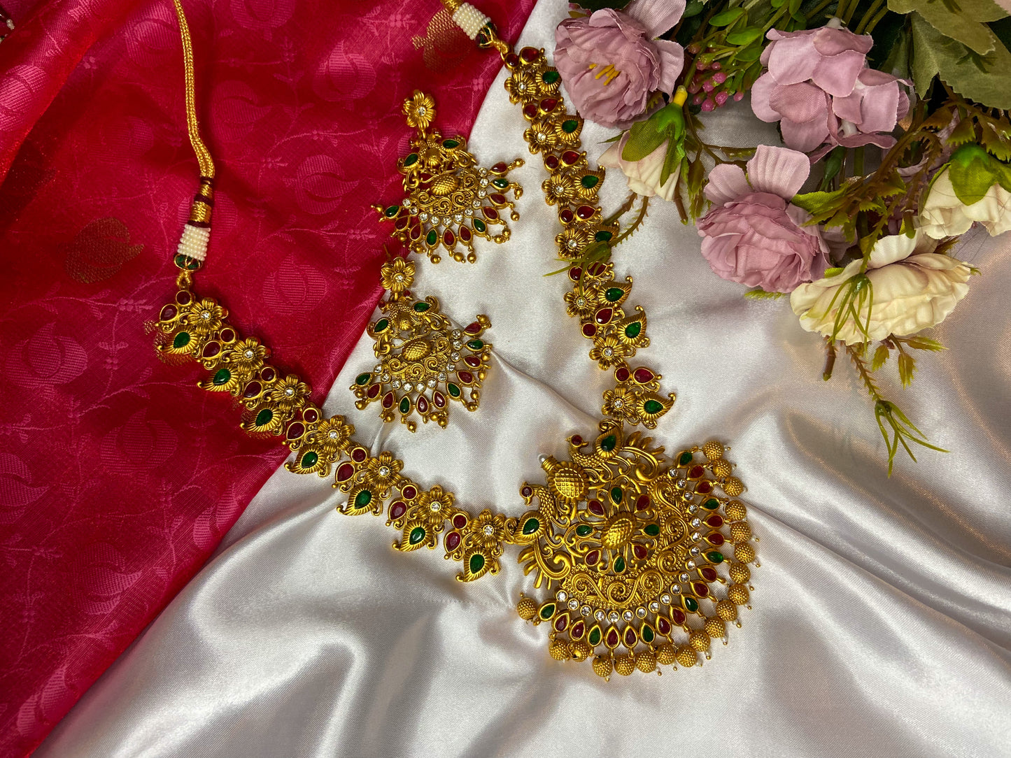 FLORAL ANTIQUE RUBY GREEN NECKLACE SET