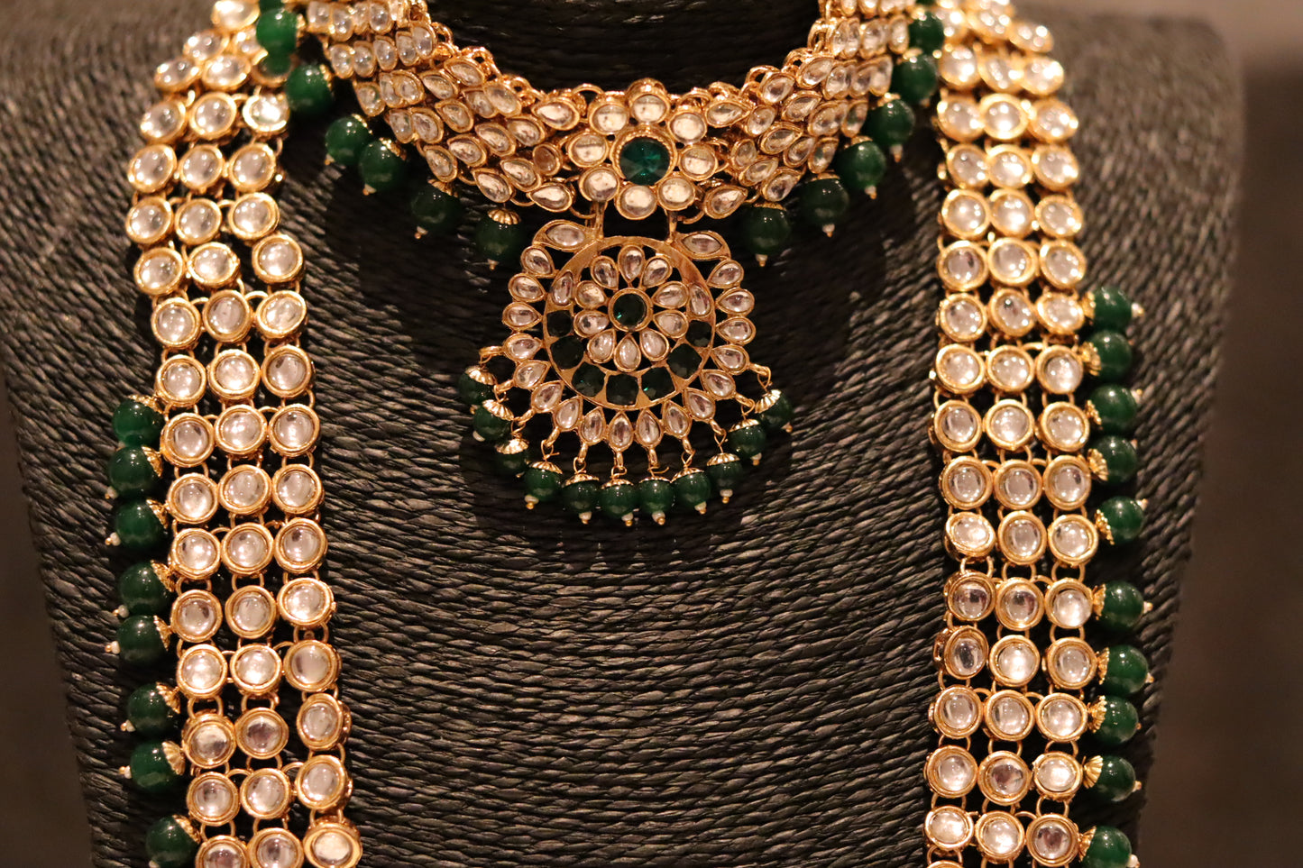 GREEN SHORT LONG NECKLACE KUNDAN SET