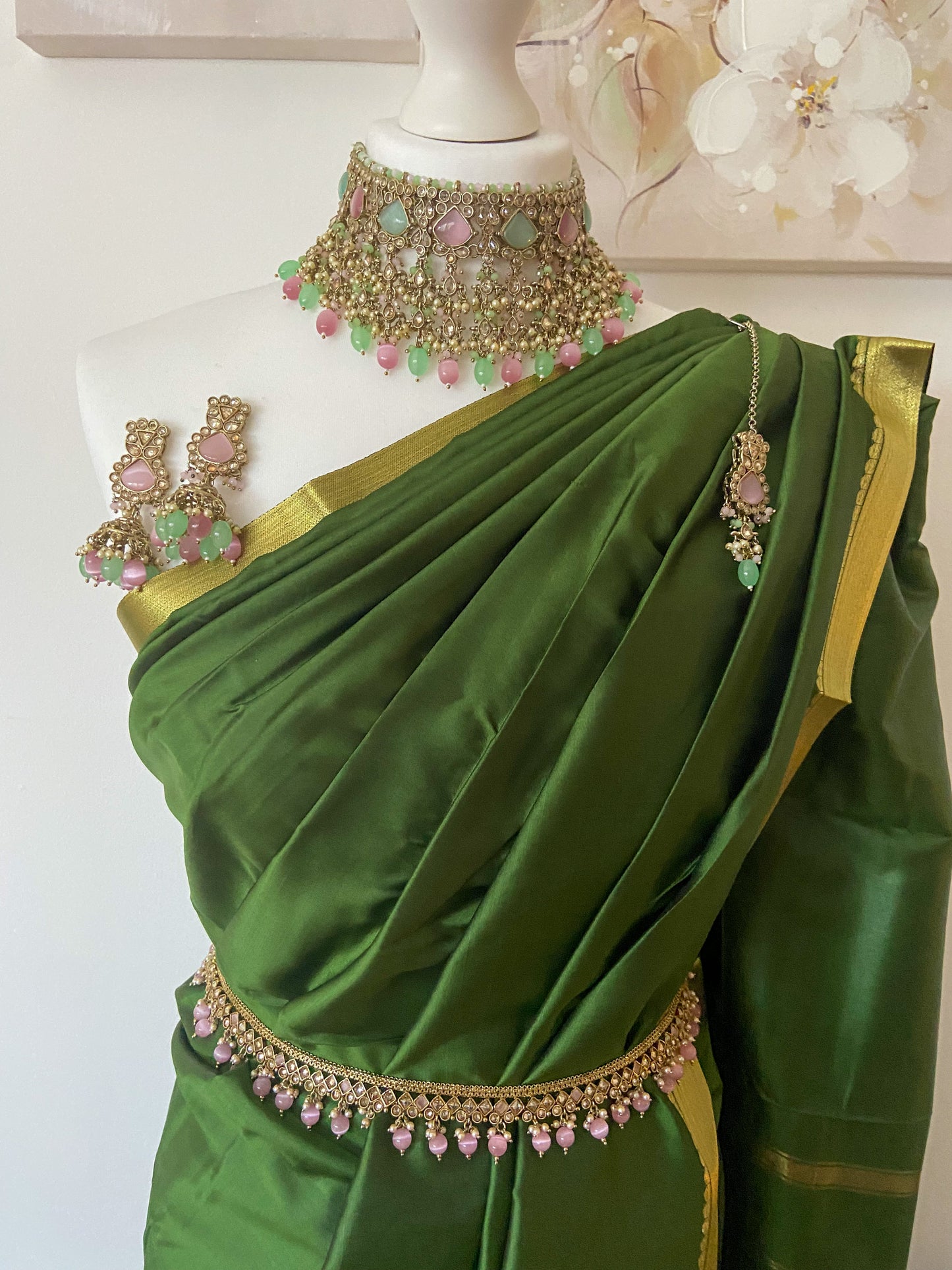 DEVI: PINK GREEN KUNDAN SET AND PINK WAIST CHAIN