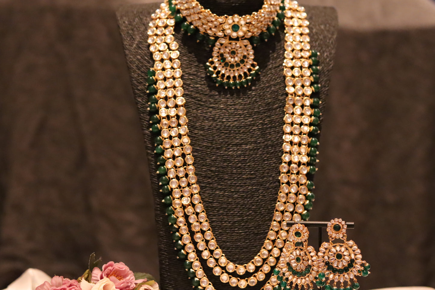 GREEN SHORT LONG NECKLACE KUNDAN SET