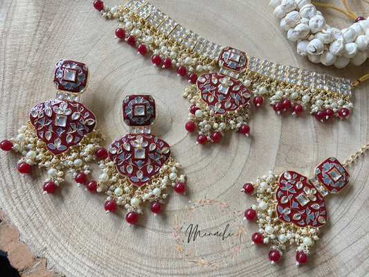 RED BEADED MEENAKARI SET