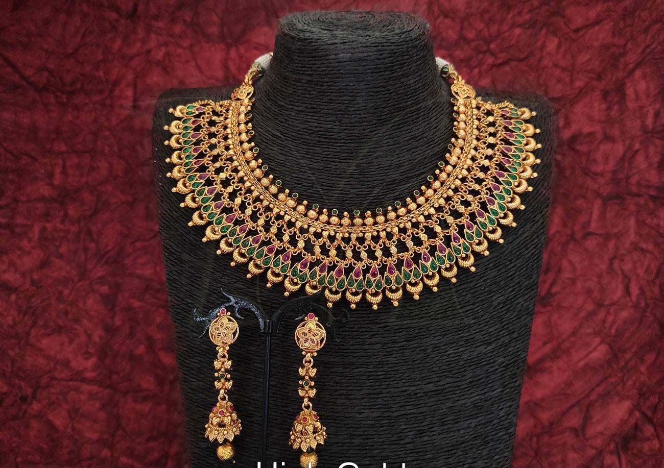 FULL NECK RUBY GREEN ANTIQUE NECKLACE SET