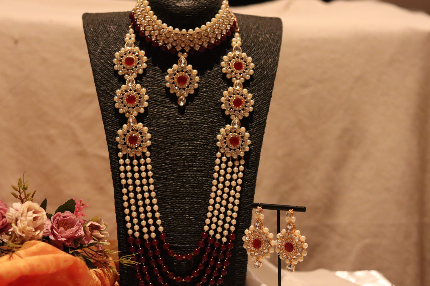 MAROON WHITE KUNDAN SET