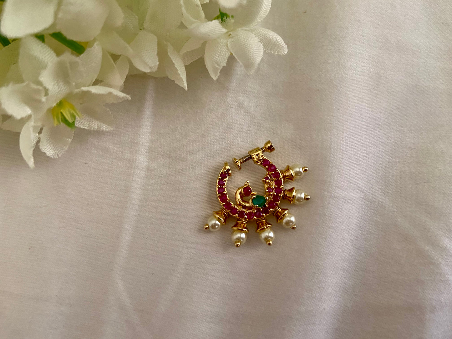 Premium Micro Gold polished Real kemp Peacock Nose Nath with pearls - –  Nakshatra Chennai