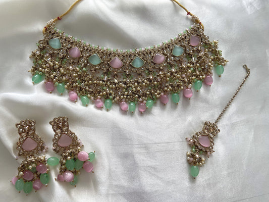 PINK GREEN KUNDAN SET