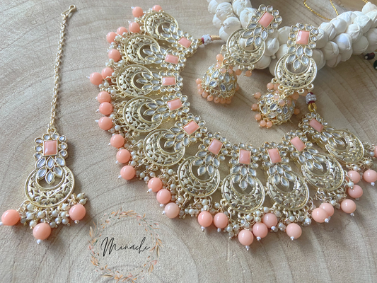 PEACH JHUMKA GOLDEN NECKLACE SET