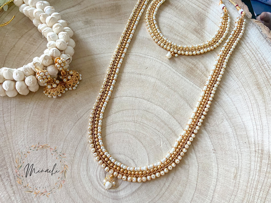 LONG AND SHORT HIGH GOLD PEARL NECKLACE SET