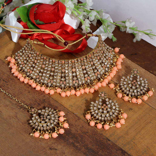 Meera: Peach Color Kundan Polki Choker Necklace Set