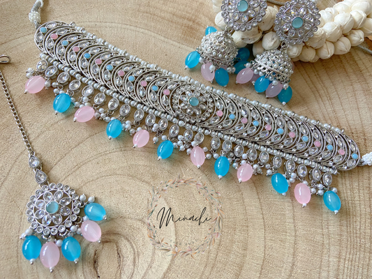 SILVER PINK BLUE NECKLACE SET