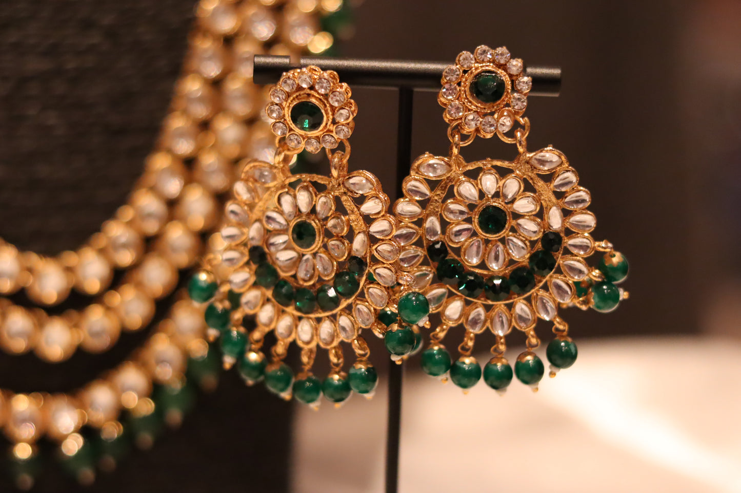 GREEN SHORT LONG NECKLACE KUNDAN SET