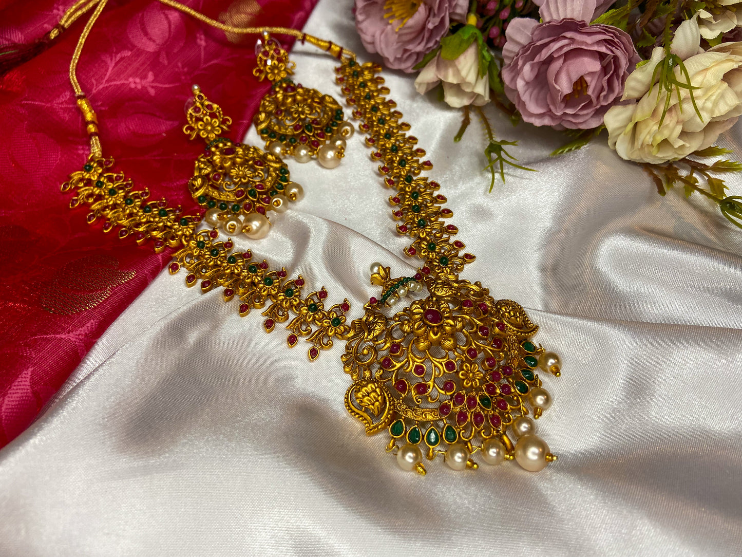 RUBY GREEN PEACOCK FLOWER NECKLACE SET